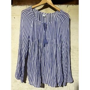 Old Navy Blue White Stripe Tassel Tie Neck Peasant Blouse Top XL Spring Flowy
